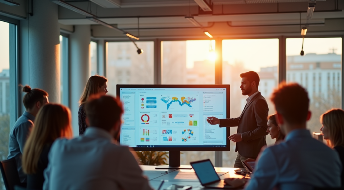 Groupe de professionnels en réunion dans un bureau lumineux avec écran interactif