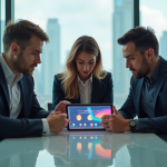 Equipe de professionnels discutant autour d'une tablette en réunion