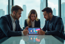 Equipe de professionnels discutant autour d'une tablette en réunion