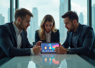 Equipe de professionnels discutant autour d'une tablette en réunion