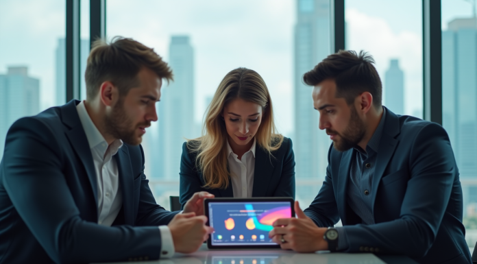 Equipe de professionnels discutant autour d'une tablette en réunion