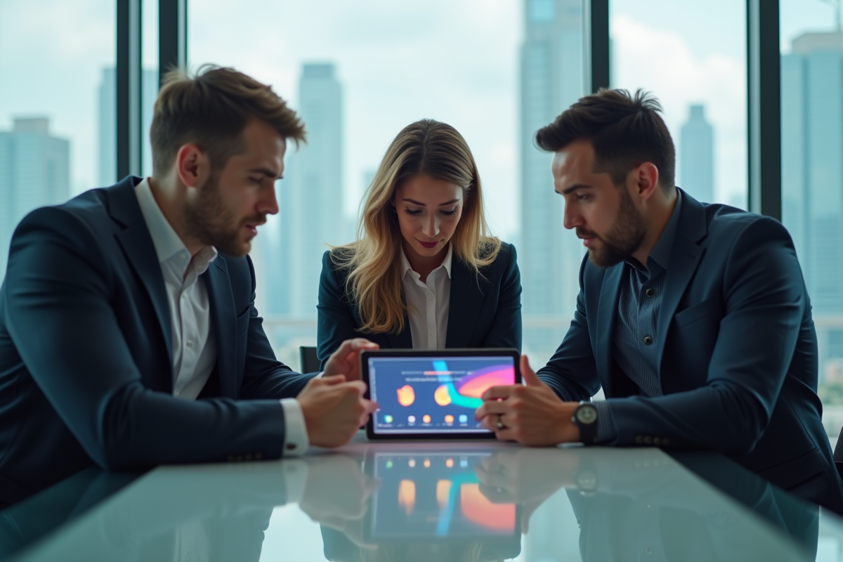 Equipe de professionnels discutant autour d'une tablette en réunion