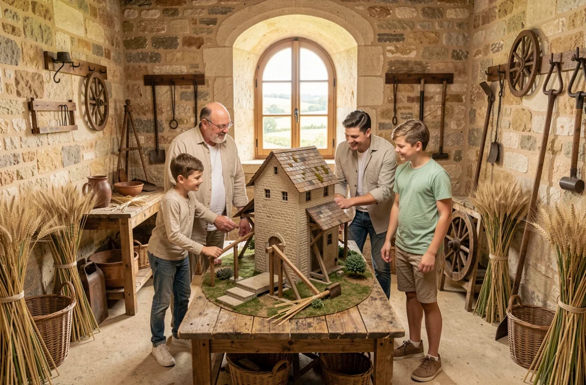 Famille autour d'une maquette de moulin à eau dans l'escape room L'Escape des Moulins à Pont-de-Ruan