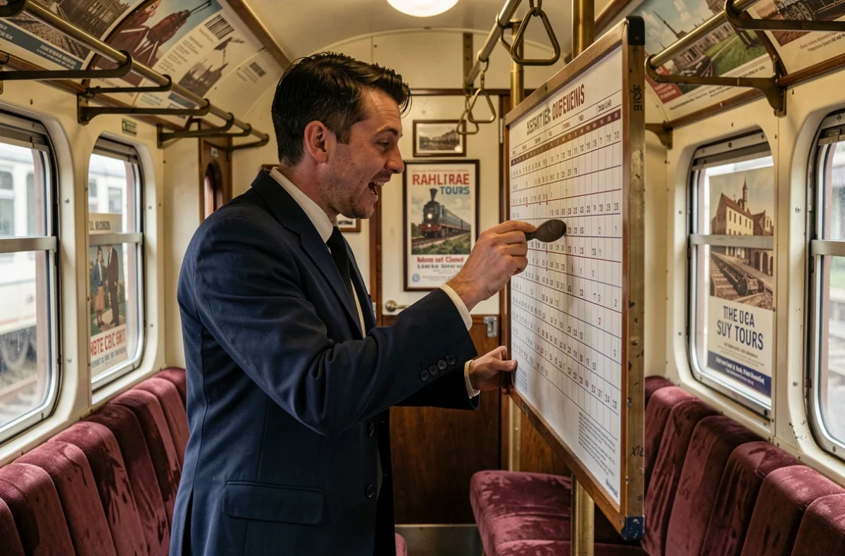 Joueur déguisé en chef de train analysant une énigme dans l'escape game Escape Express à Tours