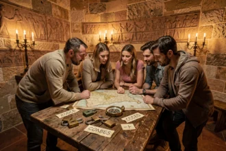 Groupe de joueurs explorant une salle d'escape game thématique Loire, entourés d'énigmes et d'objets mystérieux