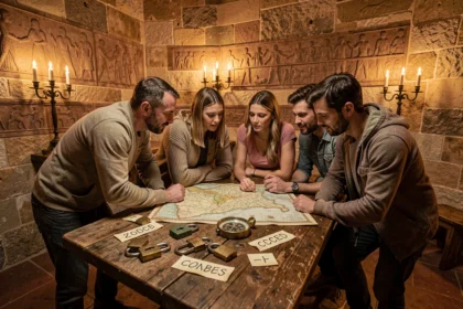 Groupe de joueurs explorant une salle d'escape game thématique Loire, entourés d'énigmes et d'objets mystérieux
