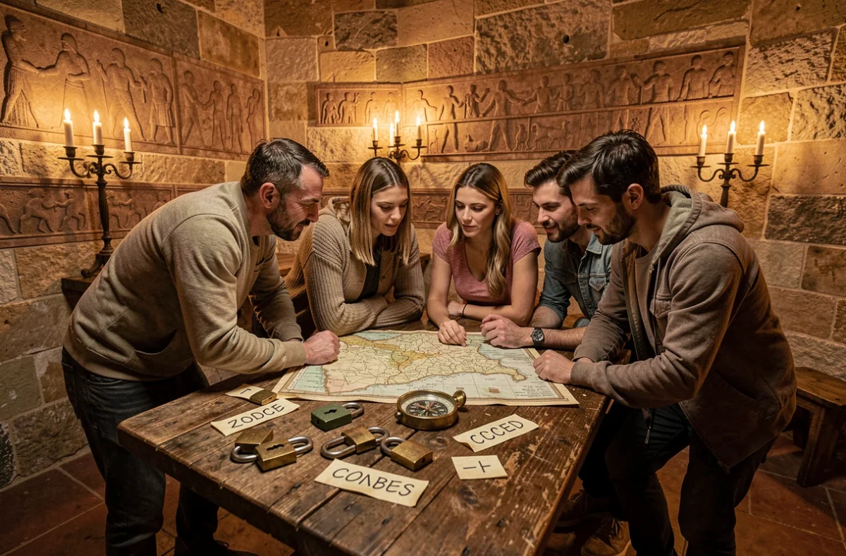 Groupe de joueurs explorant une salle d'escape game thématique Loire, entourés d'énigmes et d'objets mystérieux