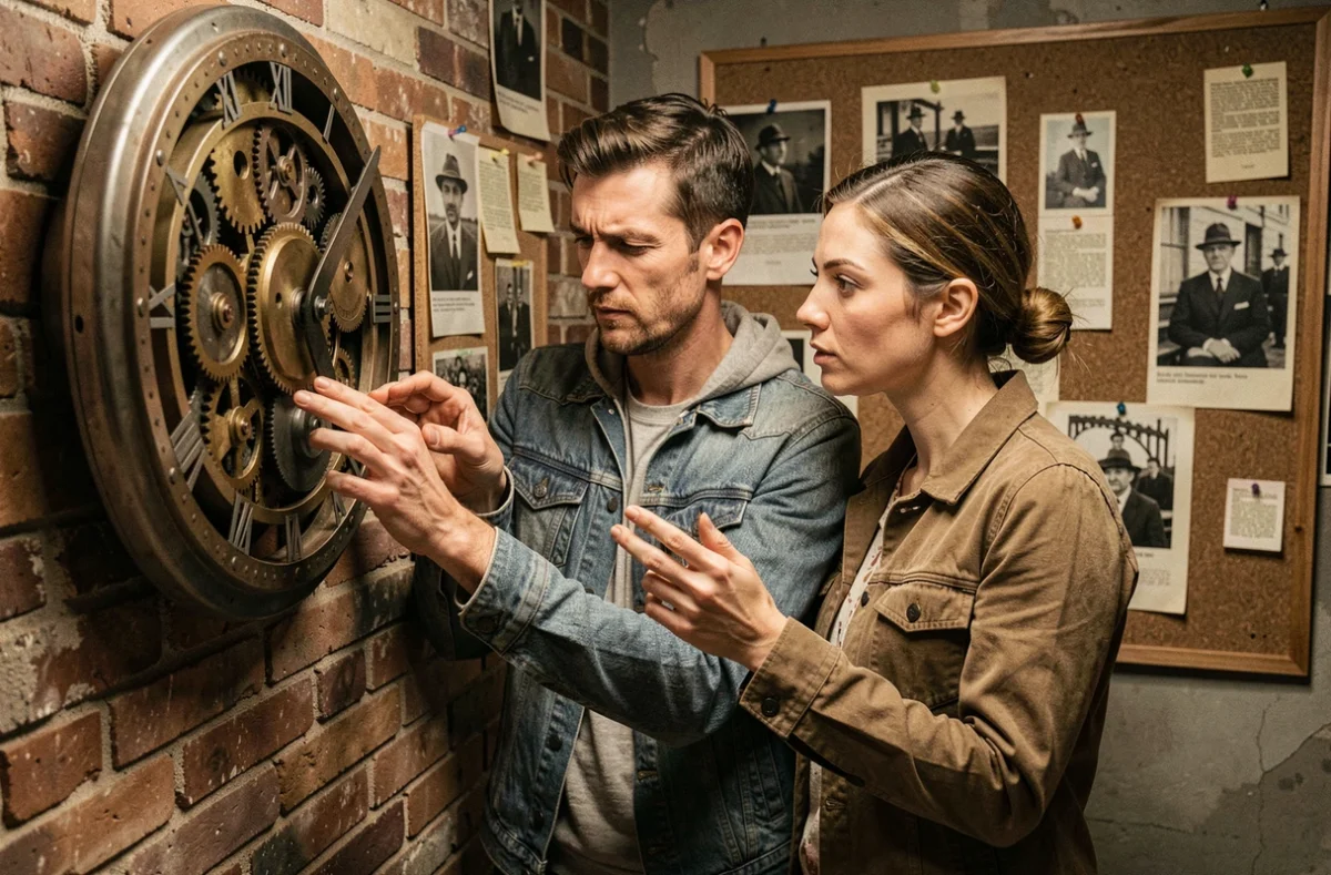 Deux joueurs analysant une énigme d'horloge mécanique à l'Escape Time Tours de Saint-Cyr-sur-Loire
