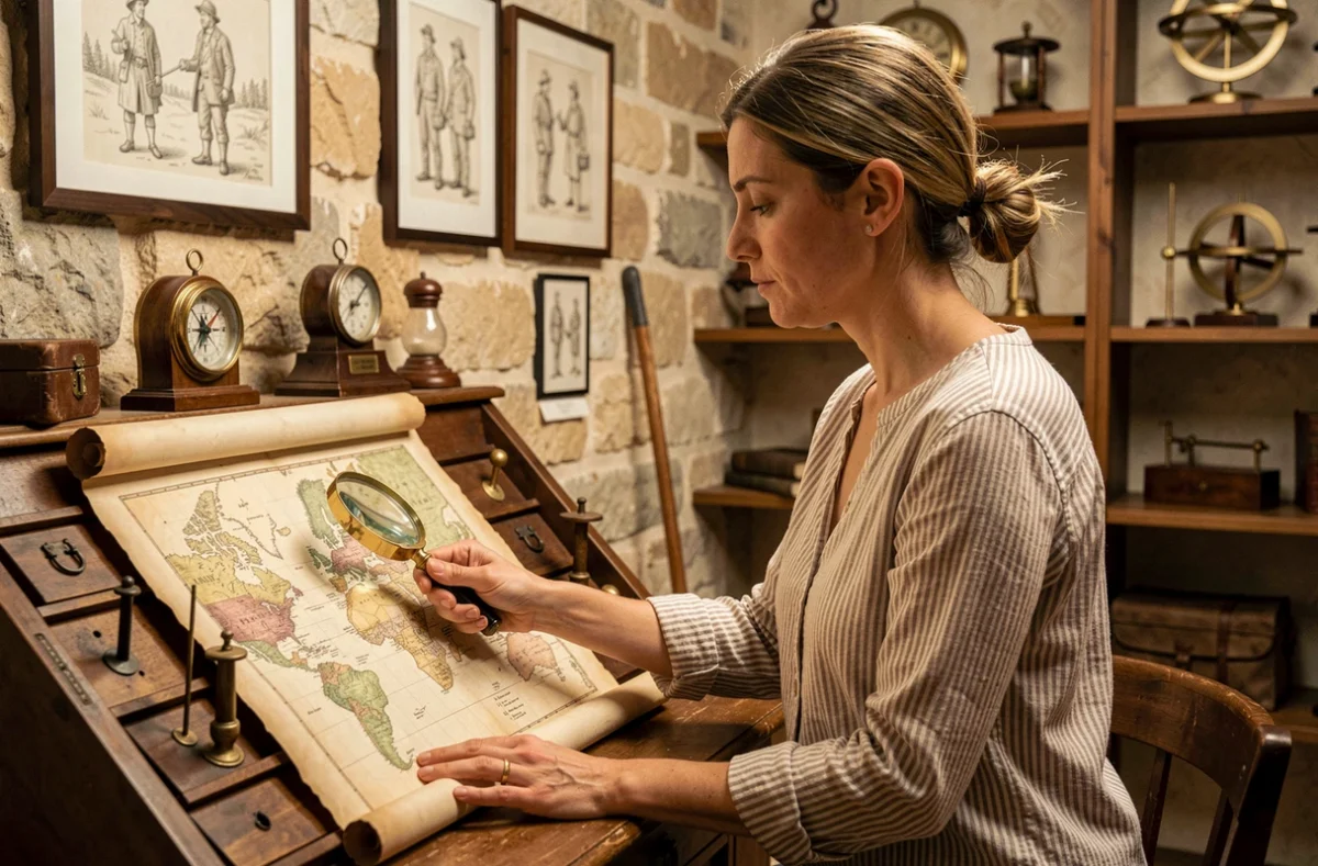 Joueuse étudiant une carte ancienne à la loupe dans la salle d'exploration d'Eskap à Blois