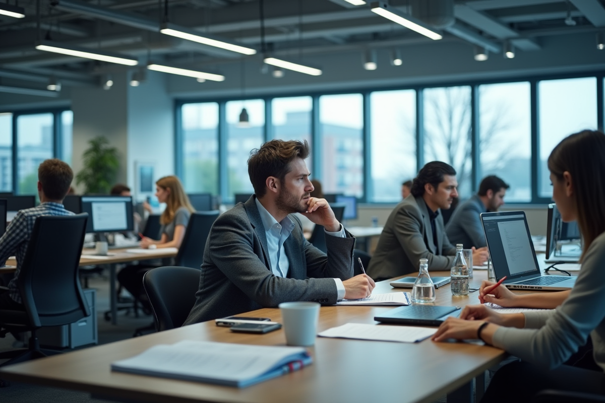 Employes travaillant dans un open space bien éclairé