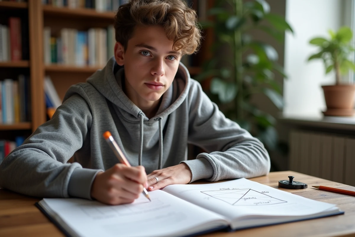 Étudiant calculant le volume d'une pyramide à base carrée dans son cahier de mathématiques à son bureau
