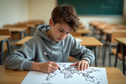 Étudiant adolescent révisant une carte du monde vierge muette sur un bureau en bois dans une salle de classe