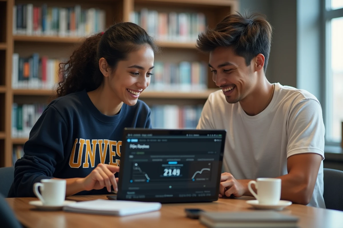 Deux étudiants comparant leur temps de jeu wated sur League of Legends sur un ordinateur portable dans une bibliothèque universitaire