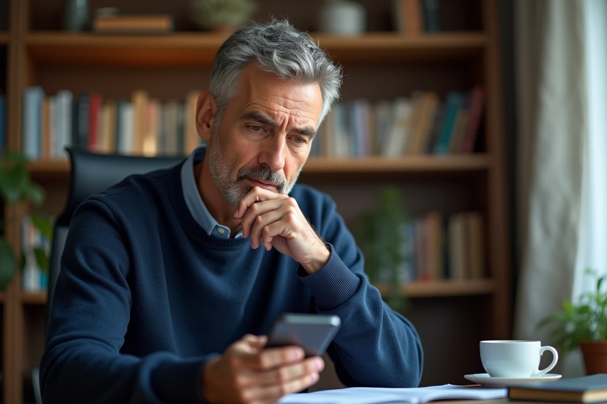 Homme scrutant des avis en ligne sur smartphone pour évaluer la fiabilité d'un service en 2026