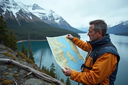 Scientifique en plein air pointant vers la baie de Lituya