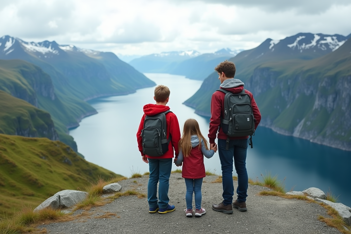 Famille avec deux adolescents admirant les fjords de Norvege