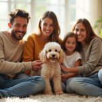 Famille heureuse dans un salon lumineux avec un poodle hypoallergenique