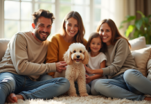 Famille heureuse dans un salon lumineux avec un poodle hypoallergenique