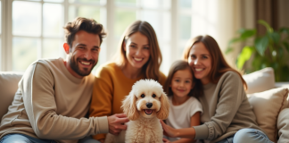 Famille heureuse dans un salon lumineux avec un poodle hypoallergenique