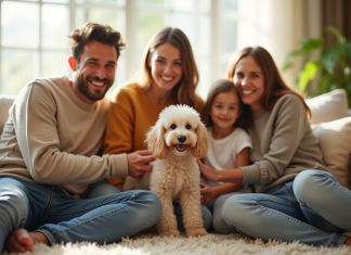 Famille heureuse dans un salon lumineux avec un poodle hypoallergenique