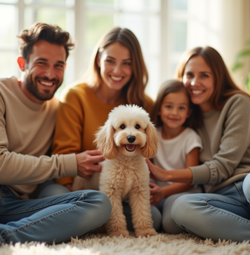 Famille heureuse dans un salon lumineux avec un poodle hypoallergenique