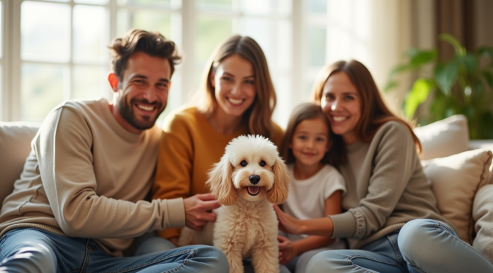 Famille heureuse dans un salon lumineux avec un poodle hypoallergenique