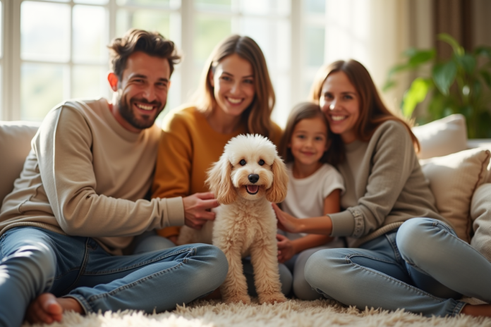 Famille heureuse dans un salon lumineux avec un poodle hypoallergenique