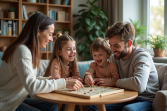 Famille souriante jouant à un jeu de société dans le salon