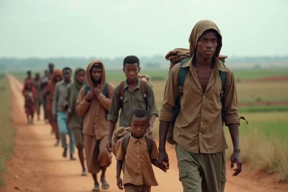 Groupe de migrants marchant sur une route rurale avec sacs