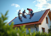Énergies renouvelables : des solutions concrètes pour les particuliers Famille moderne installant des panneaux solaires sur leur maison