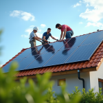 Énergies renouvelables : des solutions concrètes pour les particuliers Famille moderne installant des panneaux solaires sur leur maison