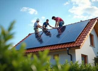 Énergies renouvelables : des solutions concrètes pour les particuliers Famille moderne installant des panneaux solaires sur leur maison