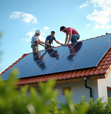 Énergies renouvelables : des solutions concrètes pour les particuliers Famille moderne installant des panneaux solaires sur leur maison