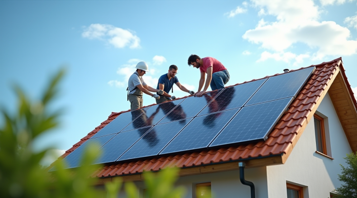 Énergies renouvelables : des solutions concrètes pour les particuliers Famille moderne installant des panneaux solaires sur leur maison