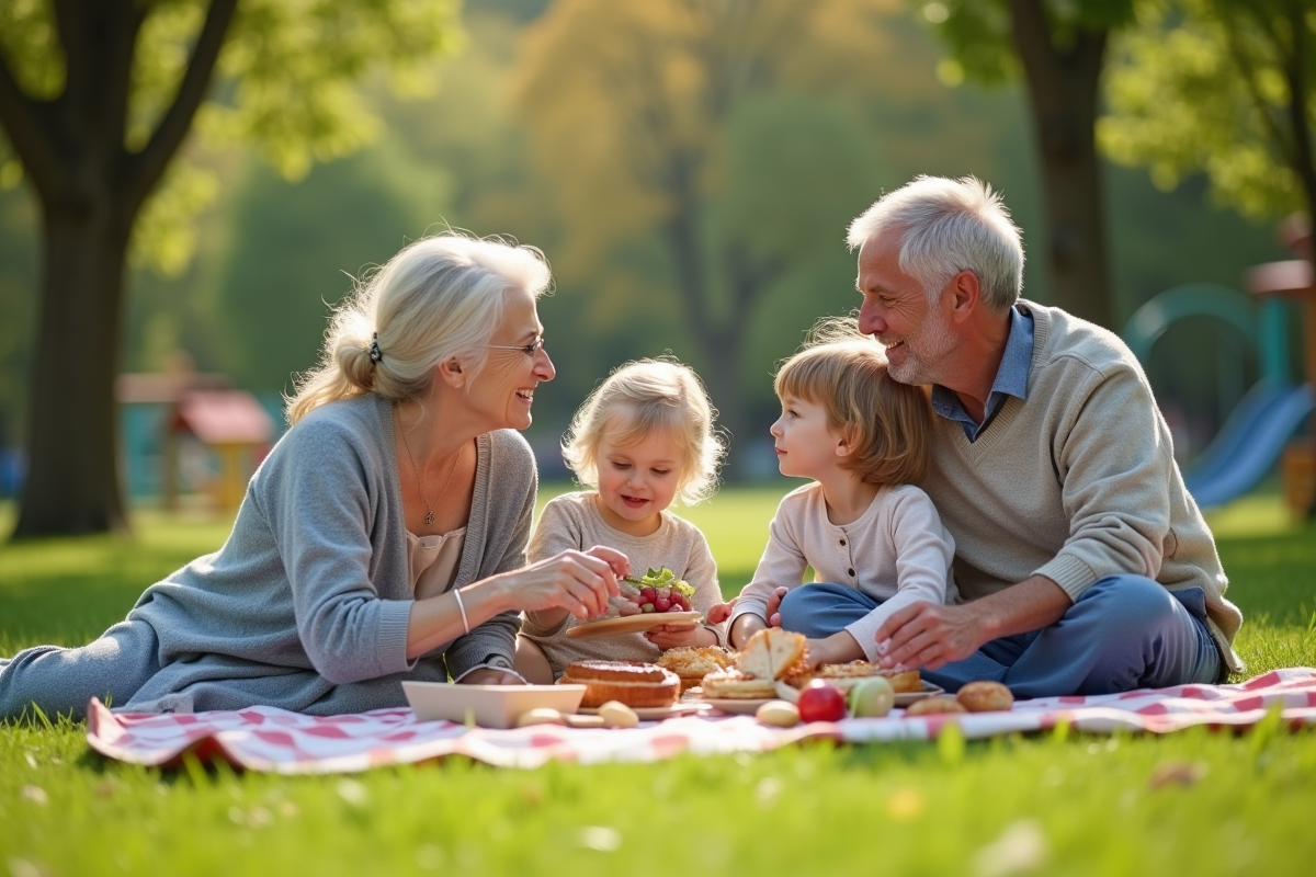 Famille multigeneration profitant d un pique-nique dans un parc