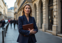Banques en danger en France : quelles sont-elles ? Femme d'affaires française devant une banque historique à Paris