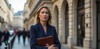 Banques en danger en France : quelles sont-elles ? Femme d'affaires française devant une banque historique à Paris
