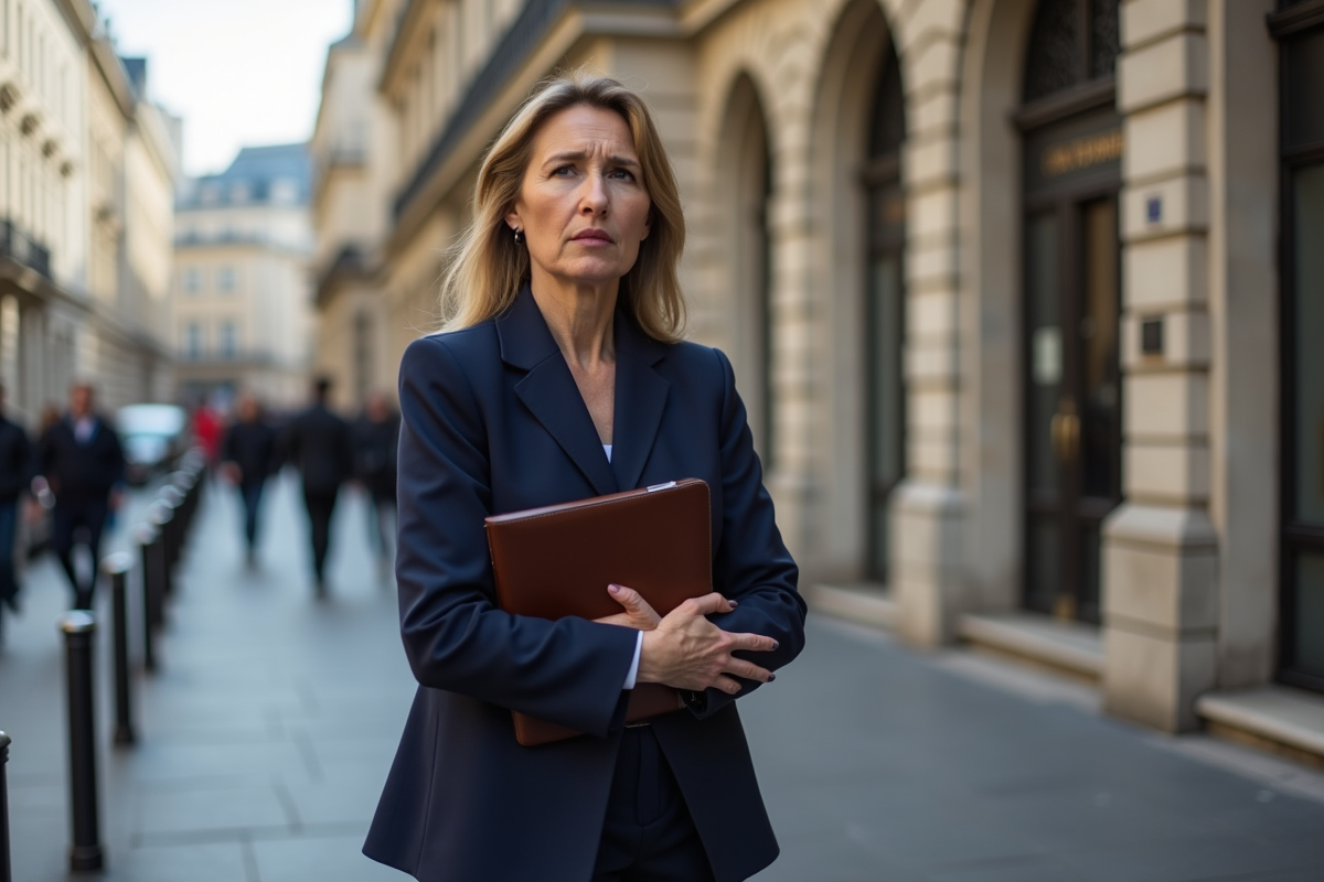 Femme d'affaires française devant une banque historique à Paris