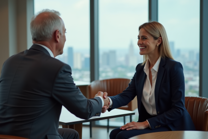 Femme d'affaires serrant la main d'un investisseur dans un bureau moderne