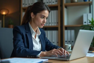 Femme d affaires analysant des graphiques économiques sur son ordinateur