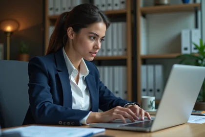 Femme d affaires analysant des graphiques économiques sur son ordinateur