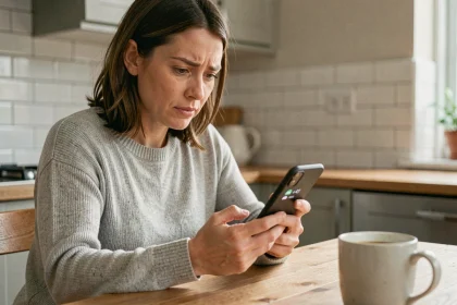 Femme regardant un appel entrant avec l'indicatif +41 (Suisse) sur son smartphone dans une cuisine