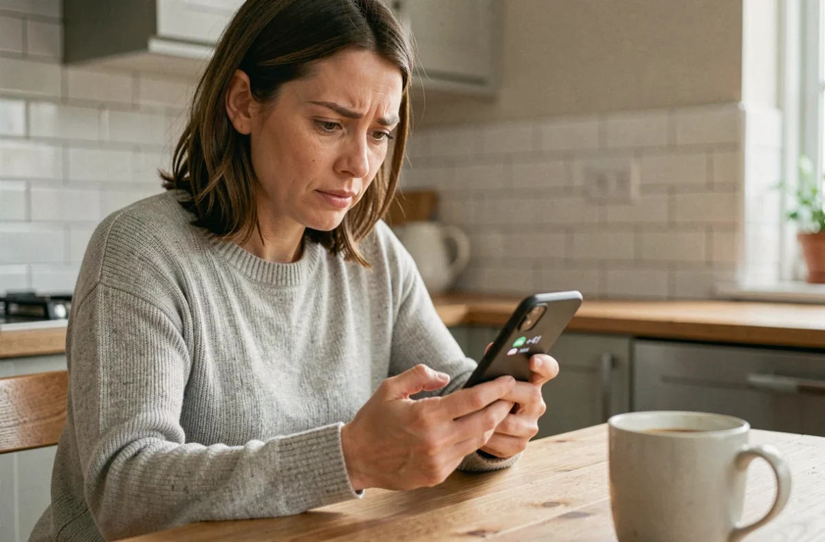 Femme regardant un appel entrant avec l'indicatif +41 (Suisse) sur son smartphone dans une cuisine