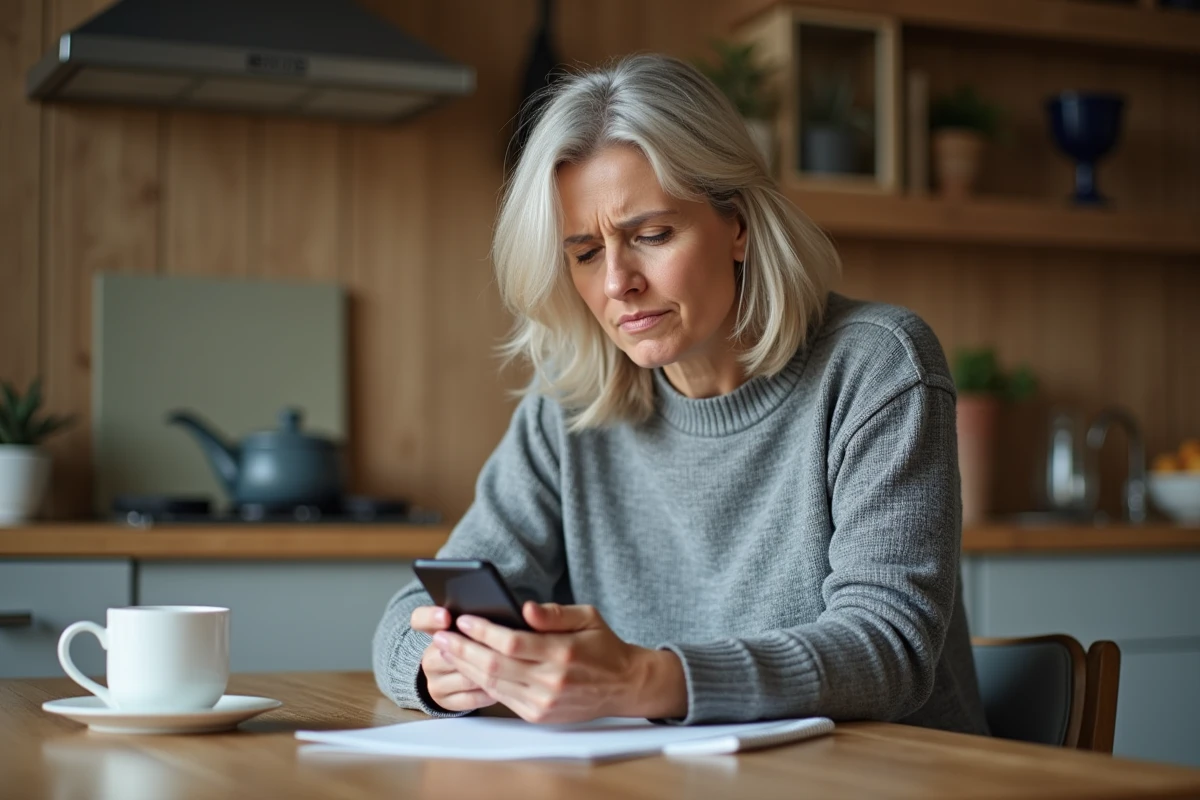 Femme regardant un appel entrant suspect sur son smartphone dans une cuisine moderne