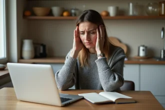 Femme inquiète face à son ordinateur après avoir découvert une arnaque sur Leboncoin