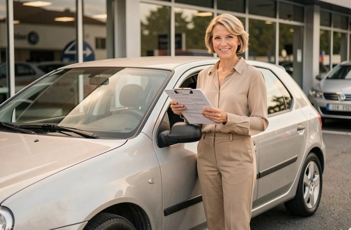 Femme tenant des documents d'assurance devant une voiture d'occasion dans un parking de concessionnaire automobile