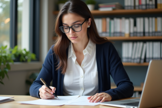 Jeune femme en bureau lisant un document bilingue