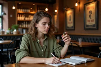Jeune femme examinant un briquet anglais classique dans un pub britannique traditionnel, avec un carnet ouvert sur la table