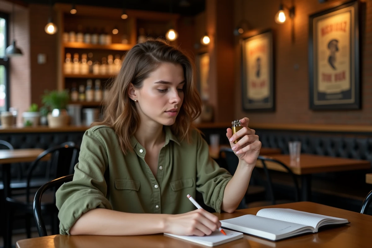 Jeune femme examinant un briquet anglais classique dans un pub britannique traditionnel, avec un carnet ouvert sur la table