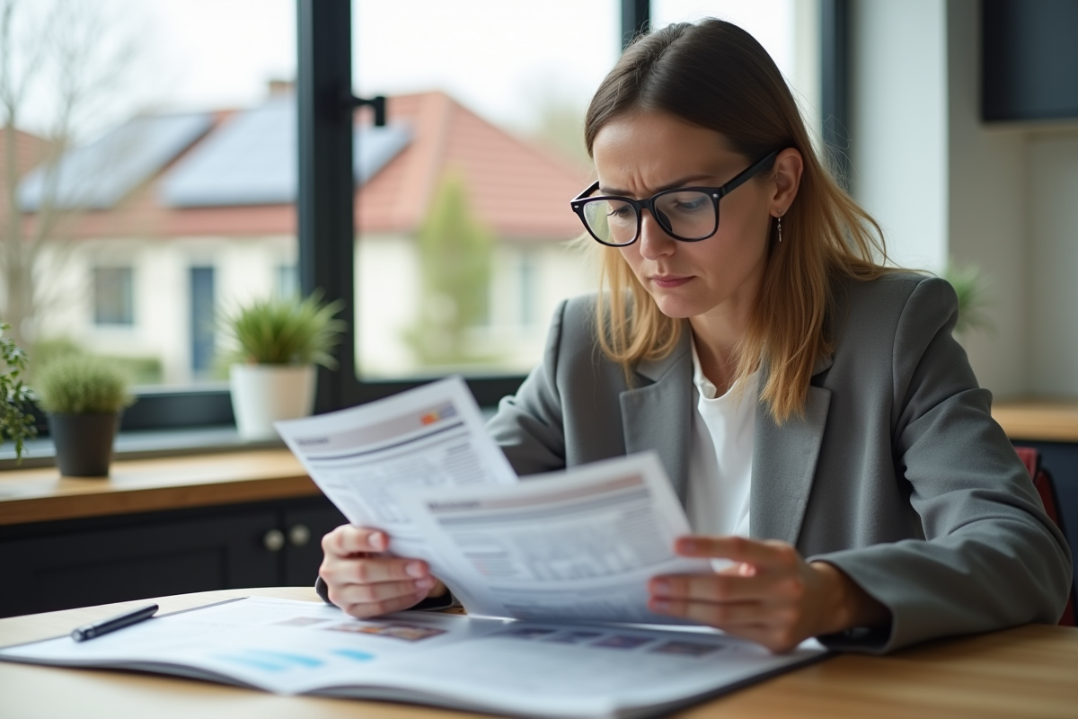 Femme examinant des factures solaires dans une cuisine